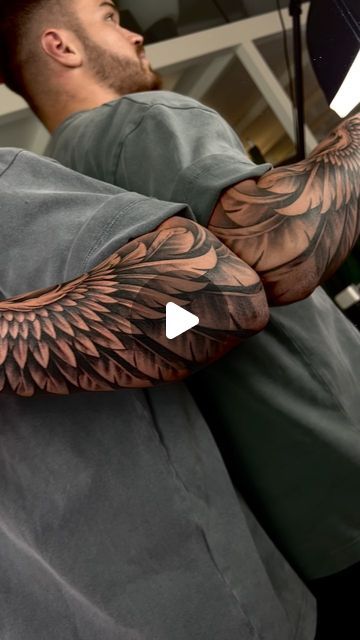 Mens Angel Back Tattoo, Wing Sleeve Tattoo For Men, Tattoo Arms Men, Rose And Wings Tattoo Design, Forearm Wing Tattoo Men, Wing Forearm Tattoo For Men, Angel Sleeve Tattoo Mens, Wing Sleeve Tattoo, Lower Back Tattoos Men