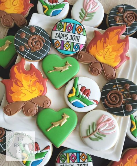 South Africa Christmas Decorations, Heritage Day South Africa Food, Heritage Day Decor South Africa, South Africa Theme Party, Potjiekos Party Theme, South African Party Food, Rugby Cookies, South African Party, Springboks Rugby South Africa