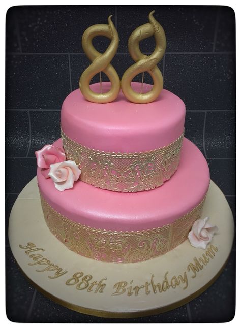 Two tier pink and gold sugar lace 88th birthday cake 88th Birthday Party Ideas, 88th Birthday Cake, Adult Birthday Activities, 40th Birthday Party Games, Birthday Cake Pink, Best Birthday Cake, Birthday Games For Adults, Birthday Balloons Pictures, 88th Birthday