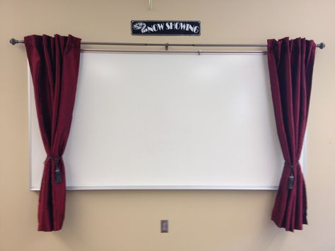 Curtains around a whiteboard. Perfect for a Drama classroom!!! Elementary Drama Classroom, Drama Classroom Aesthetic, Drama Teacher Classroom, Drama Room Ideas School, Elementary Theatre Classroom, Performing Arts Classroom, Drama Classroom Ideas, Shakespeare Classroom Decor, High School Drama Classroom