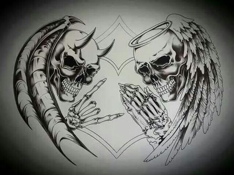 Double trouble See No Evil Skull Tattoo, Tattoo Art Drawings Sketches, Skull Couple Tattoo, Chest Tattoo Stencils, Butterfly Tattoo Stencil, Pagan Tattoo, Chest Tattoo Ideas, Christian Drawings, Skull Art Tattoo