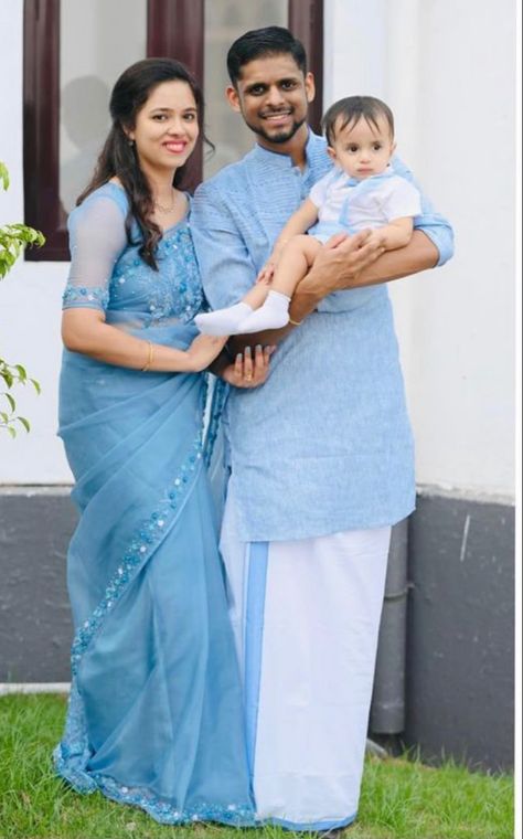 Family Photoshoot Dress Ideas Outfit, Baptism Saree For Mom Kerala, Baptism Outfit Women Kerala, Mom Dad Son Photoshoot, Family Theme Dress For Indian Wedding, Baptism Saree, Baptism Outfit Women, Indian Wedding Reception Outfits, Family Dress