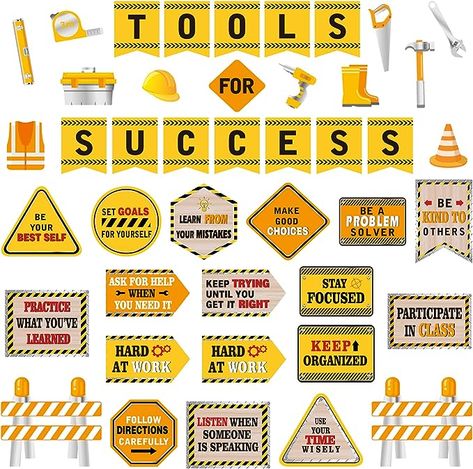 Amazon.com : Outus 47 Pcs Construction Bulletin Board Set Construction Theme Cutouts Tools for Success Classroom Decorations for Kid Students Back to School Gifts Construction Birthday Party Supplies : Office Products Under Construction Theme Classroom Bulletin Boards, Construction Theme Decor, Building Classroom Theme, Construction Bulletin Board Ideas, Construction Theme Bulletin Boards, Construction School Theme, Construction Theme School, School Construction Theme, Construction Bulletin Board