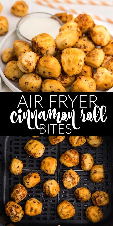 Snacks For Air Fryer, Cinnamon Roll Bites Air Fryer, Easy Treats For Work, Air Fryer Cinnamon Rolls Pillsbury Bites, Air Fried Cinnamon Rolls, Air Fryer Toddler Meals, Airfryer Cinnamon Rolls, Airfryer Recipes Breakfast, Air Fryer Crescent Roll Recipes