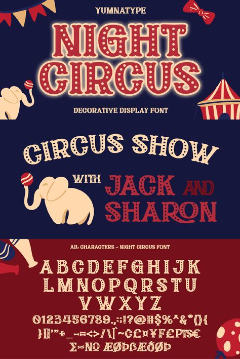 Night Circus is a capitalized display font in a circus theme having unique, interesting designs with big, prominent letter sizes to catch attention. Circus Graphic Design, Circus Typography, Circus Lettering, Circus Elements, Circus Font, Circus Signs, Street Performer, Top Fonts, Halloween Font