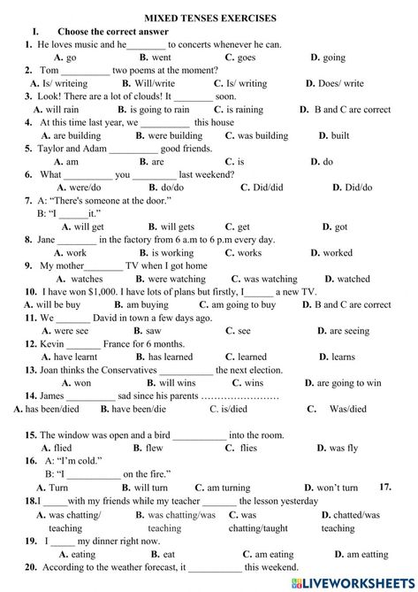 Grammar Tenses Worksheets, Mix Tenses Worksheet, Worksheet On Tenses Class 4, Perfect Tenses Worksheets, Tenses English Grammar, Grammar Test Worksheets, Mixed Tenses Worksheets With Answers, Perfect Tenses Worksheets With Answers, Determiners In English Grammar Worksheet