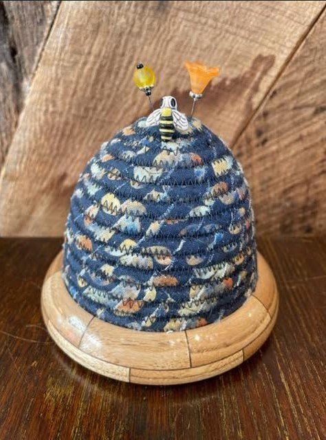 Beehive Pincushion - A Flutter of Leaves - Navy Top - Butternut/Walnut Base Beehive Pincushion, Bird Pin Cushion, Retreat Center, Quilt Retreat, Quilting Fabrics, Block Of The Month, Navy Tops, Bee Hive, Crafty Stuff