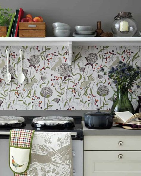 How to Use Wallpaper In Your Kitchen - Centered by Design Wallpaper In Kitchen, Wallpaper Cabinets, Wallpaper Kitchen, Above Cabinets, Rental Kitchen, Kitchen Cupboard Doors, Cabinet Paint Colors, Kitchen Design Trends, How To Install Wallpaper