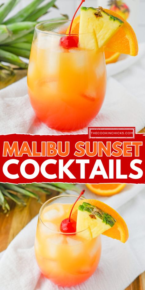 These Malibu Sunset Cocktails are easy to make, packed with fruity flavor, and a tropical drink everyone will enjoy! With layers of pineapple juice, orange juice, Malibu Coconut Rum, grenadine, and cherries all in one drink, this Malibu cocktail is layered to resemble a beautiful sunset! Malibu Sunrise Cocktail, Malibu And Pineapple Juice, Malibu Rum Drinks Recipes, Malibu Cocktail, Drinks With Pineapple Juice, Banana Cocktails, Malibu Rum Drinks, Malibu Pineapple, Malibu Cocktails