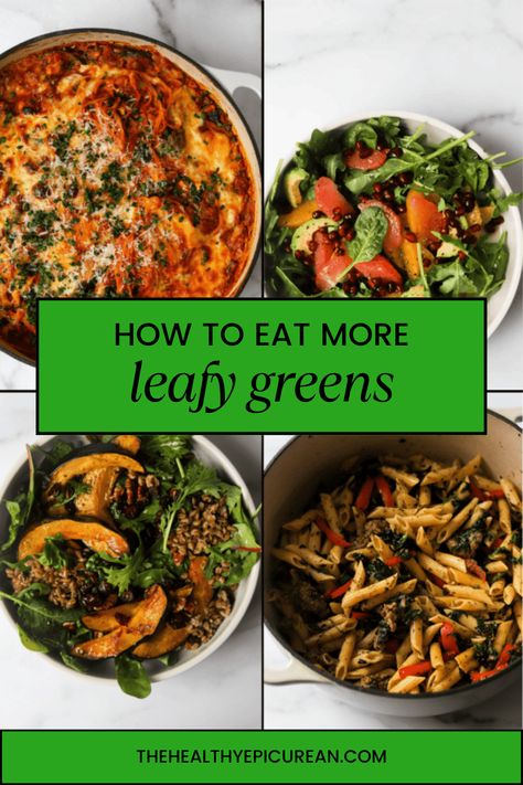 A collage of leafy green vegetable recipes. Recipes For Greens, Eat More Greens Recipes, Eating Greens, Eating Green, Leafy Green Recipes Meals, Dinners With Leafy Greens, Leafy Green Dinner Recipes, Meals With Greens, Leafy Green Meals