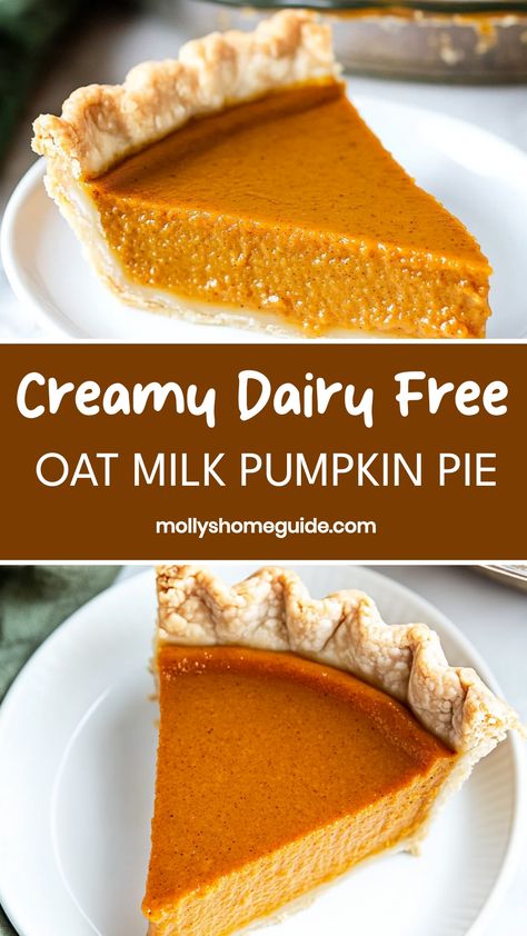 Indulge in the cozy flavors of fall with this dairy-free pumpkin pie made with creamy oat milk. Perfect for those with dietary restrictions or anyone looking for a lighter dessert option. This recipe is sure to satisfy your autumn cravings while still being kind to your stomach. Enjoy a slice on its own or pair with a dollop of coconut whipped cream for an extra treat. Best Dairy Free Pumpkin Pie, Oatmilk Pumpkin Pie, Nondairy Pumpkin Pie, No Dairy Pumpkin Pie, Pumpkin Pie No Dairy, Df Pumpkin Pie Filling, Cooking Dairy Free Easy Recipes, Diary Free Pumpkin Pie, Dairyfree Pumpkin Pie