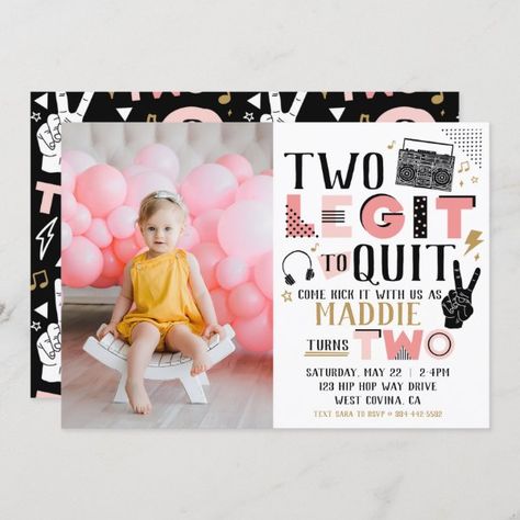 Photo Two Legit to Quit Second Birthday Invitation Hip Hop Birthday Party, Music Theme Birthday, Hip Hop Birthday, 2nd Birthday Party For Girl, Second Birthday Ideas, 90's Birthday Party, 2nd Birthday Party Themes, 2nd Birthday Invitations, Girl Birthday Themes