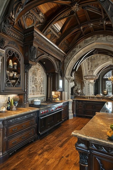 Gothic Architecture Kitchen, Gothic Cottage Kitchen, Gothic Style Kitchen, Baroque Kitchen, Opulent Kitchen, Knightcore Aesthetic, Victorian Homes Interior Kitchen, Victorian Kitchen Ideas, Kitchen Castle