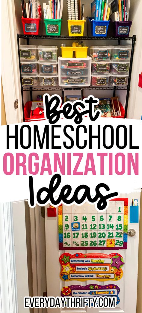 Homeschooling for the first time is tough, especially if you live in a tiny home or apartment. So we’ve put together some of the best homeschool organization ideas for small spaces. Homeschool Classroom Organization, Homeschool Craft Organization, Homeschooling Organization Ideas, Must Have Homeschool Items, School Organization Ideas, Home School Setup Room Ideas, Home School Supplies Organization, Homeschool Room Ideas Elementary, Organization Homeschool