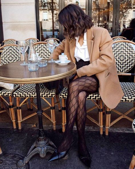 19 Outfits With Printed Tights to Try This Winter | Who What Wear Printed Tights Outfit, Gucci Tights Outfit, Fish Net Tights Outfit, Gucci Tights, Black Tights Outfit, Tights Outfits, Winter Stockings, Stockings Outfit, Printed Tights