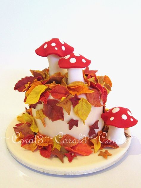 Leaves  toadstools made out of fondant with a little gum tragacanth added.  This cake is very small, only a 4 round. Autumn Cake Ideas Birthday, Family Reunion Cakes, Fall Cakes Decorating, Autumn Cakes, Orange Birthday Cake, Mushroom Amanita, Tree Stump Cake, Forest Elements, Autumn Cake