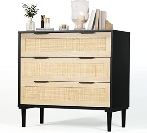 FUQARHY 3 Drawer Dresser for Bedroom, Modern Rattan Closet Dressers Chest of Drawers, Wood Storage Cabinets Corner Bedside Table for Bedroom, Living Room, Entryway, Hallway(Black) Corner Bedside Table, Closet Dressers, Corner Dresser, Rattan Dresser, Dresser In Closet, Three Drawer Dresser, Dresser Shelves, Black Dressers, Dresser For Bedroom