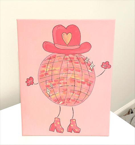 Preppy Disco Ball Painting, Disco Cowgirl Painting, Easy Paintings For Big Canvases, Barbie Acrylic Painting, Disco Ball Paintings, Disco Painting Ideas, Easy Girly Paintings, Disco Ball Painting Easy, Girly Canvas Painting