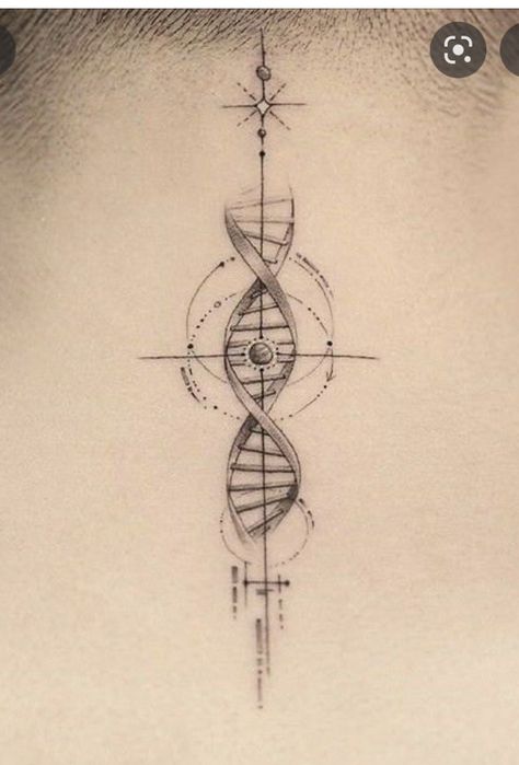 Small Back Tats Men, Dna Tatoos, Knowledge Tattoo Ideas, Dna Strand Tattoo, Physics Tattoo Ideas, Dna Tattoo Ideas, Tattoo Filigree, Dna Tattoo, Filigree Tattoo