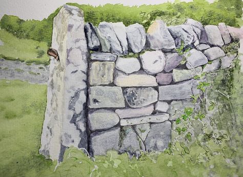 Rock Wall Drawing, Stone Watercolor Painting, How To Draw Stone Walls, Stone Watercolor, Watercolor Stone Wall, Drawing Rocks, Watercolor Scenery, Stone Wall Art, Dry Stone Wall