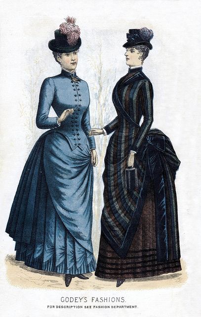 1884 - Godey's Ladies' Book  I especially like the bodice and pleats on the blue dress 1885 Fashion, 1870 Fashion, 1880 Fashion, 1870s Fashion, Victorian Era Fashion, 1880s Fashion, 1800s Fashion, Victorian Costume, 19th Century Fashion