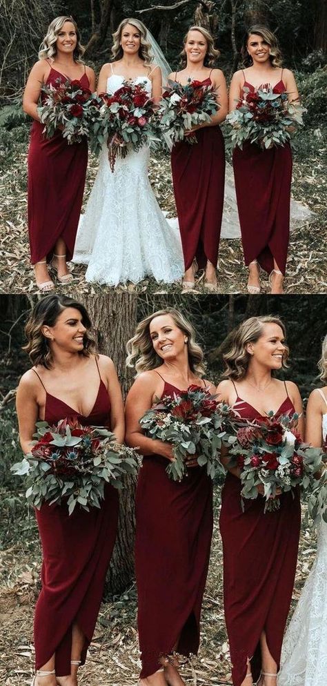 Dark Red Spaghetti Straps Cheap Ankle Length Cheap Bridesmaid Dresses – LoverBridal Cheap Bridesmaid Dresses Online, Winter Bridesmaids, Winter Bridesmaid Dresses, Red Spaghetti, Mauve Wedding, Bridesmaid Dresses With Sleeves, Burgundy Bridesmaid, Mismatched Bridesmaid Dresses, Red Bridesmaids