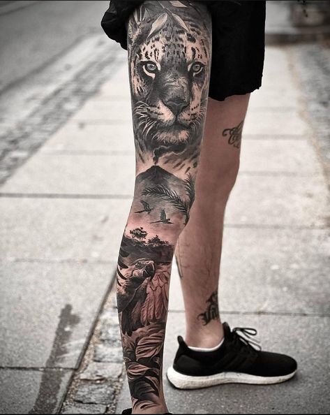 African Sleeve Tattoo, Jungle Tattoo, Tattoo Ideas Males, Animal Sleeve Tattoo, African Tattoo, Gangsta Tattoos, Photography Drawing, Hand Tattoos For Women, Leg Tattoos Women