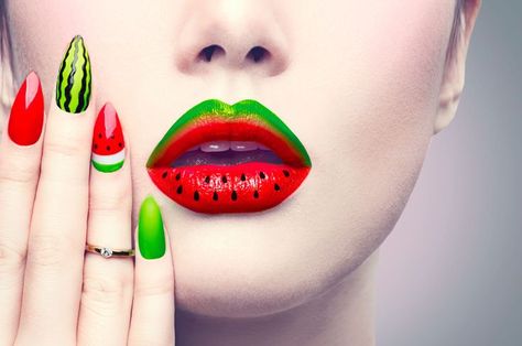 Watermelon style Watermelon Makeup, Yalda Night, Face Art Makeup, Lip Makeup Tutorial, Lip Beauty, Glamour Nails, Green Makeup, Watermelon Fruit, Unique Makeup