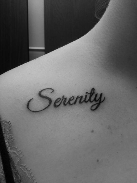 My serenity tattoo on my right collarbone. Such a strong word for me Strong One Word Tattoos, Serenity Now Tattoo, Collarbone Word Tattoo, Serenity Tattoo Symbol, Believe Wrist Tattoo, Nature Moodboard, Serenity Tattoo, Hannah Tattoo, Love Wrist Tattoo