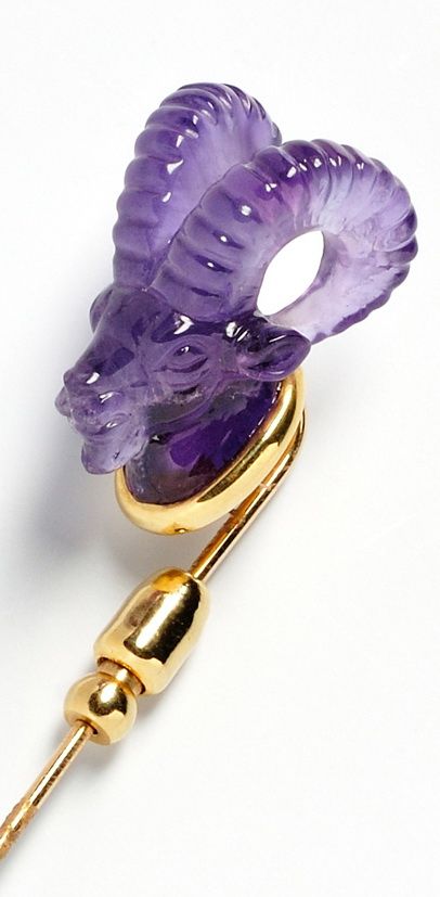 Carved amethyst and gold stickpin, the amethyst shaped like a ram's head. Carved Gemstones, Rams Head, Jewelry Tips, Purple Love, Tie Pin, All Things Purple, Amethyst Jewelry, Stick Pins, Precious Gems