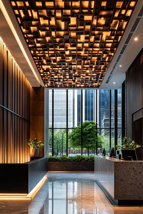 Lobby with geometric ceiling and large windows. Unravel the secrets behind lobby designs that could make even a hotel receptionist want to check-in. Hotel Receptionist, White Reception Desk, Condo Lobby, Lobby Designs, Timber Wall Panels, Geometric Ceiling, Hotel Interiors, Marble Floor, Grand Entrance