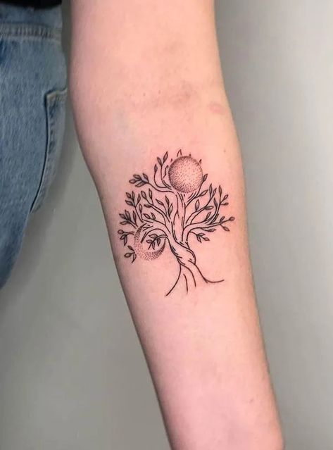 Oak Tree And Moon Tattoo, Sun Moon Tree Of Life Tattoo, Sun Moon Tree Tattoo, Triple Moon Tree Of Life Tattoo, Tree Of Life And Moon Tattoo, Mother Earth Tattoo Design, Boho Tree Tattoo, Sun And Tree Tattoo, Dainty Tree Of Life Tattoo