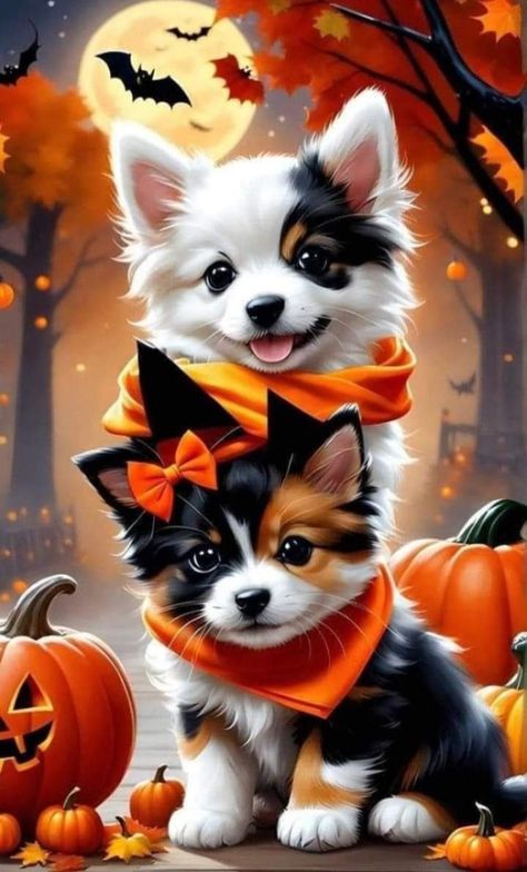 Happy Halloween Pictures, Cute Dog Wallpaper, Halloween Wallpaper Cute, Halloween Kunst, Halloween Artwork, Halloween Images, Dog Wallpaper, Halloween Animals, Halloween Pictures