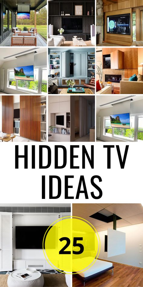 25 Hidden TV Ideas: Transform Your Living Space with These Stylish Solutions - placeideal.com Tv Disguise Ideas, Hide Tv Ideas, Tv Hiding Ideas, Hide Tv On Wall, Hidden Tv Wall, Hidden Tv Ideas, Hide Tv Over Fireplace, Tv Above The Fireplace, Cabinetry Living Room