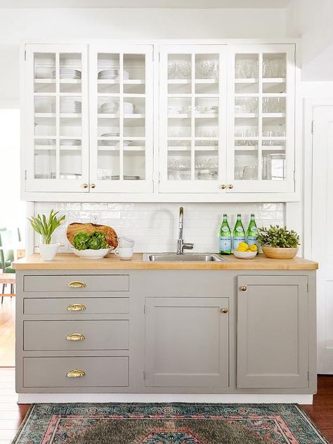 Glass Upper Cabinets, Timeless Interiors, New Kitchen Cabinets, Grey Kitchen Cabinets, Sopot, Kitchen Cabinet Colors, Transitional Kitchen, Upper Cabinets, Kitchen Redo