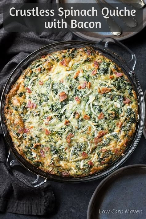 Quiche With Bacon, Crustless Spinach Quiche, Quiche Recipes Crustless, Bacon Quiche Recipe, Bacon Spinach Quiche, Cheddar Quiche, Spinach Quiche Recipes, Keto Quiche, Broccoli Bacon