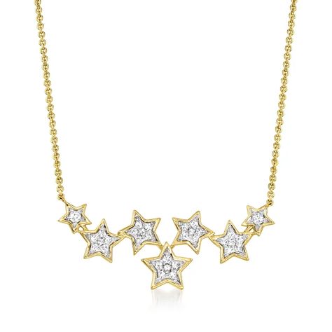 .21 ct. t.w. Diamond Multi-Star Necklace in 14kt Yellow Gold. 18" | Ross-Simons Fame Outfits, Diamond Star Earrings, Gold Star Pendant, Shoot For The Stars, Star Theme, Starburst Necklace, Moon Fashion, Detailed Necklace, Precious Gemstones Jewelry