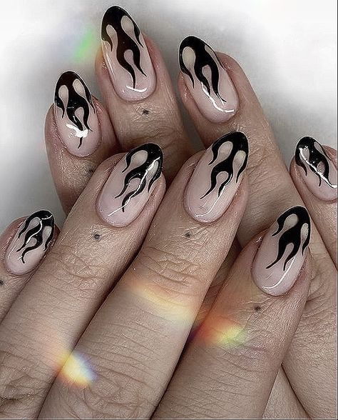 French Tip Fire Nails, Black Flame Nails Square, Ghost Flame Nails, Fire Flame Nail Design, French Tip With Fire Design, Chrome Flames Nails, Black Flame Nails Coffin, Black And Silver Flame Nails, Flame Art Nails