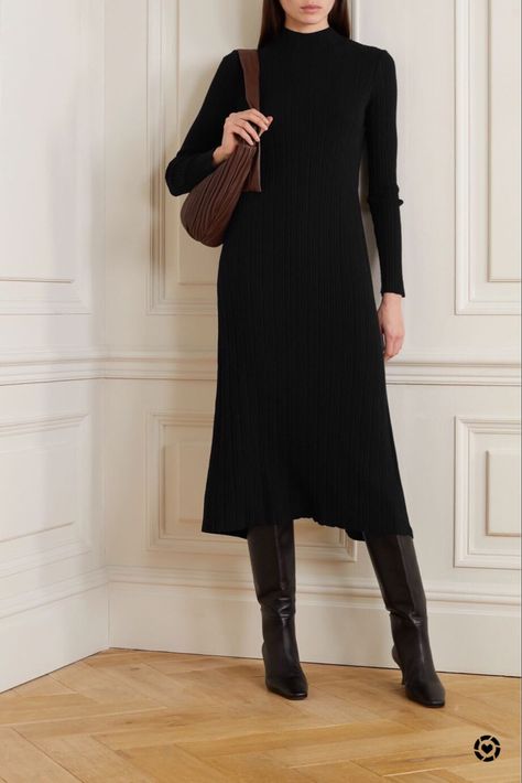 Black Dress Outfit Winter, Ribbed Dress Outfit, Black Midi Dress Outfit, Knitted Dress Outfit, Midi Dress Outfit, Vince Clothing, Turtleneck Midi Dress, Designer Midi Dresses, London Outfit