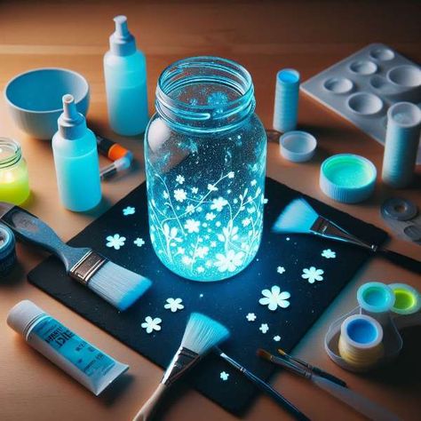 How to Make Glow-in-the-Dark Jars Glow Mason Jars, Fairy Glow Jars, Paint Mason Jars, Mason Jar Fairy Lights, Mason Jar Night Light, Fairy Lights In A Jar, Glow Crafts, Galaxy Jar, Glow Jars