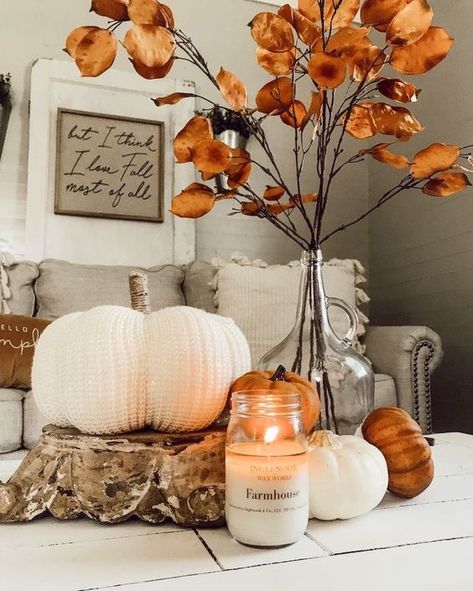 It's that time of year when you start thinking about decorating your home for the fall season. Here are some ideas on how to create a cute living room that will serve as a cozy, warm place where you can relax with family & friends while enjoying the colors of autumn. Check out these great Fall Home Decor Ideas! Fall family room decor & coffee table decor. Centerpiece with vases and faux stems. Leather pumpkins and brown glass vase. DIY fall decor ideas for everyone. Hobby Lobby or Dollar store Outside Fall Decor, Halloween Decor Diy, Fall Room Decor, Neutral Fall Decor, Fall Living Room Decor, Fall Living Room, Fall Decor Inspiration, Fall Thanksgiving Decor, Fall Deco