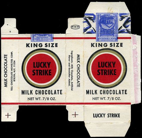 Tell Chocolate Novelties - King Size Lucky Strike milk chocolate candy cigarettes box - 1970's by JasonLiebig, via Flickr Cigeratte Box Drawing, Lana Del Rey Ciggarates Box Diy, Vintage Candy Packaging, Cigerattes Box Design, Vintage Cigerattes Ads, Vintage Boxes, Milk Chocolate Candy, Barbie Printables, Miniature Printables