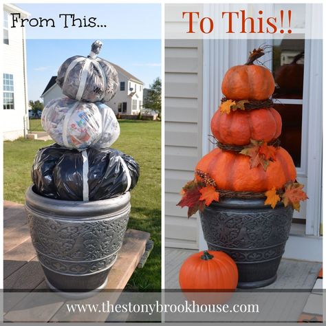 {when I seen this I thought it would be great idea for snowmen.. Santa.. Etc..mb} Cheap Easy DIY Outdoor Pumpkins... how about a giant Easter egg in a basket..mb Diy Halloween Dekoration, Outside Fall Decor, Halloween Decor Diy, Halloween Fest, Pumpkin Topiary, Adornos Halloween, Fall Deco, Fall Crafts Diy, Halloween Porch