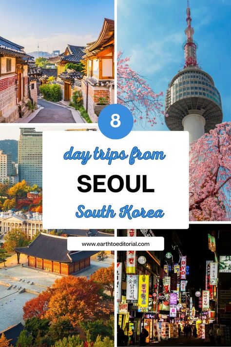 A collage of images in Seoul featuring the Bukchon Hanok Village and Namsan Tower, the famous building in South Korea. South Korea In November, Day Trips From Seoul, Things To Do In Seoul Korea, Korean Vacation, Huacachina Peru, Seoul Travel Guide, Seoul Itinerary, Visit Korea, Things To Do In Seoul