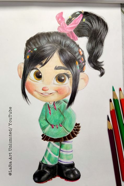 It's a cold pencil drawing of Vanellope von schweetz from the movie wreck it Ralph #vanellopevonschweetz #wreckitralph #ralphbreakstheinternet Christmas Cartoon Drawings Disney Characters, Penelope Drawing, Disney Princess Drawings Pencil, Drawings From Movies, Disney Characters Drawings Colored, Wreck It Ralph Drawing, Disney Cartoon Characters Drawing, Vanellope Von Schweetz Drawing, Animated Characters Drawings