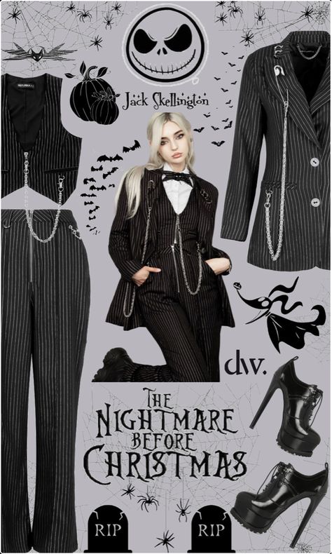 Outfits Inspired By Nightmare Before Christmas, Jack Skellington Cosplay Female, Nightmare Before Christmas Inspired Outfits, Jack Skellington Womens Costume, Jack Skellington Inspired Outfit, Jack Skellington Costume Female, Jack Skellington Aesthetic, Nightmare Before Christmas Outfits, Jack Skellington Outfit