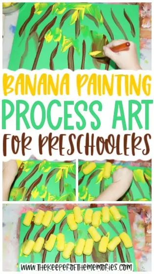 collage of banana painting images with text: Banana Painting Process Art for Preschoolers Banana Preschool Activities, Banana Craft Preschool, Banana Art And Craft, Banana Crafts For Kids, Banana Painting Easy, Banana Crafts, Science Projects For Preschoolers, Banana Oil Painting, Banana Painting