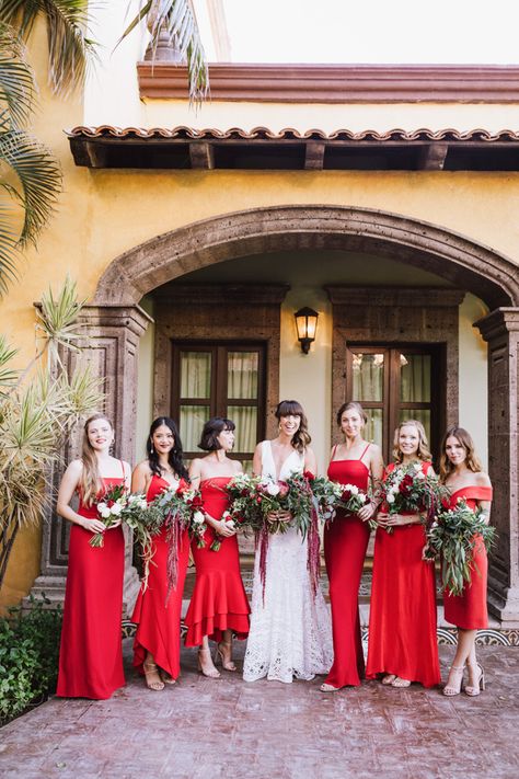 Spanish Wedding Bridesmaids Dress, Spanish Style Bridesmaid Dresses, Red Dress Bridesmaids, Bright Red Bridesmaid Dresses, Mexican Wedding Bridesmaids, Red Mexican Wedding, Mismatched Red Bridesmaid Dresses, Red Summer Wedding, Bright Red Wedding