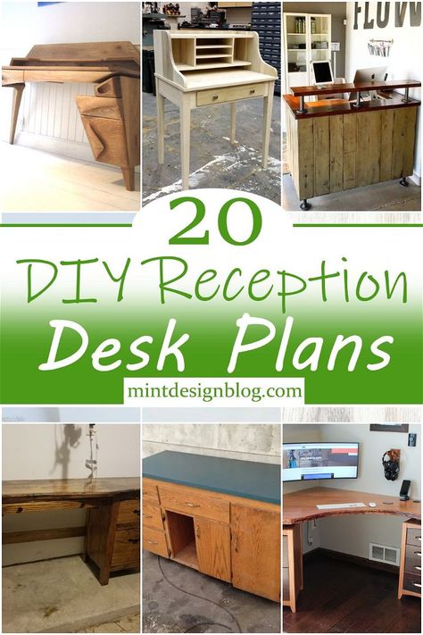 How To Build A Reception Desk, Diy Reception Desk, Reception Desk Plans, Reception Desk Diy, Corner Reception Desk, L Shaped Desk Plans, Office Reception Desks, Lobby Desks, Diy Reception