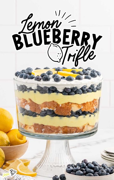 a jar of Lemon Blueberry Trifle Blueberry Lemon Trifle Desserts, Blueberry Trifle Recipe, Lemon Blueberry Trifle, Lemon Trifle, Oreo Trifle, Blueberry Trifle, Trifle Recipes Easy, Easy Trifle, Trifle Recipes